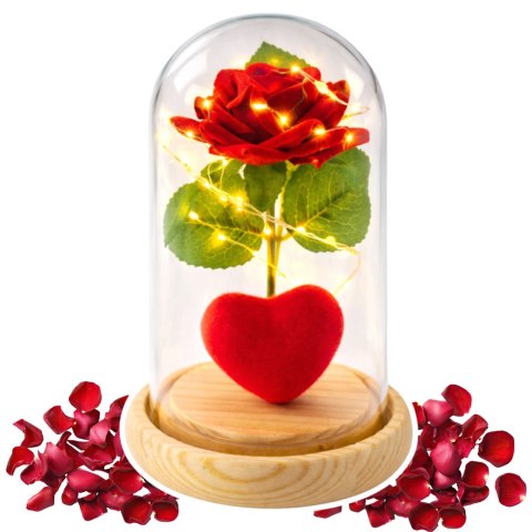 Wieczna Róża w Kopule z Oświetleniem LED Czerwona z Serduszkiem 14x8cm LEAN