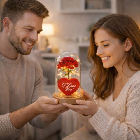 Wieczna Róża w Kopule z Oświetleniem LED Czerwona z Serduszkiem 18,5x8cm LEAN