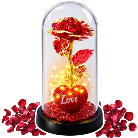 Wieczna Róża w Kopule z Oświetleniem LED Sercem Koralikami Czerwona 21x11cm LEAN