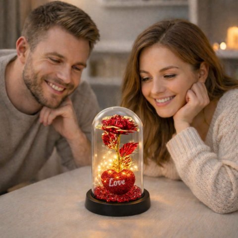 Wieczna Róża w Kopule z Oświetleniem LED Sercem Koralikami Czerwona 21x11cm LEAN