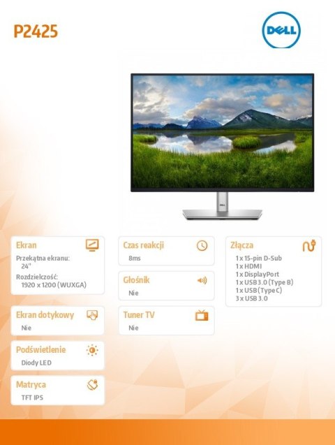 Monitor P2425 24 cale IPS 16:10 WUXGA/HDMI/USBC/DP/VGA/USB/3Y Dell