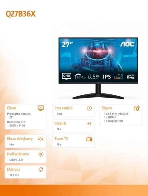 Monitor Q27B36X 27 cali IPS 144Hz HDMI DP AOC