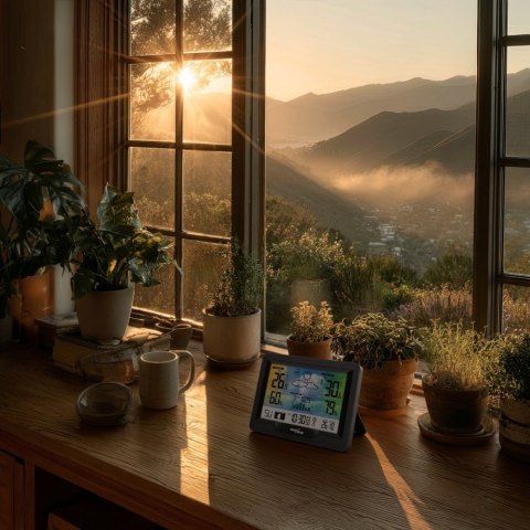 Stacja pogodowa bezprzewodowa GB540N wskaźnik komfortu, pomiar wilgotności, fazy księżyca, zegar z systemem DCF GreenBlue