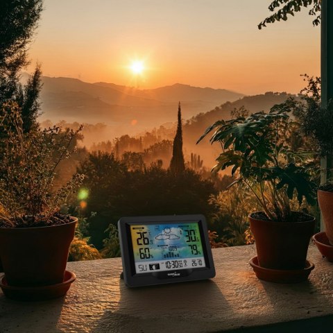 Stacja pogodowa bezprzewodowa GB540N wskaźnik komfortu, pomiar wilgotności, fazy księżyca, zegar z systemem DCF GreenBlue