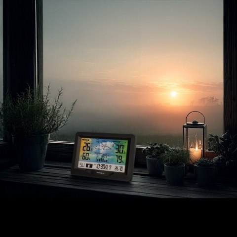 Stacja pogodowa bezprzewodowa GB540N wskaźnik komfortu, pomiar wilgotności, fazy księżyca, zegar z systemem DCF GreenBlue