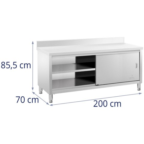 Stół blat roboczy przyścienny z szafką i rantem drzwi suwane 200 x 70 cm Royal Catering