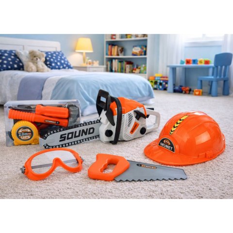 Zestaw Majsterkowicza Piła Łańcuchowa Kask Okulary Narzędzia Dźwięki LEAN Toys