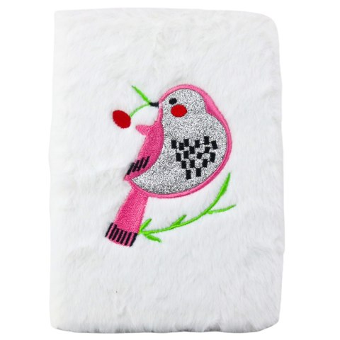 Pluszowy Notatnik W Linie Z Ptakiem Srebrny Brokat Biały LEAN