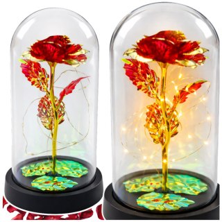 Wieczna Kryształowa Róża w Kopule z Oświetleniem LED Czerwona 21x11cm LEAN
