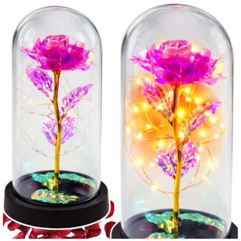 Wieczna Kryształowa Róża w Kopule z Oświetleniem LED Różowa 21x11cm LEAN