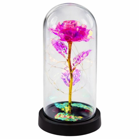 Wieczna Kryształowa Róża w Kopule z Oświetleniem LED Różowa 21x11cm LEAN