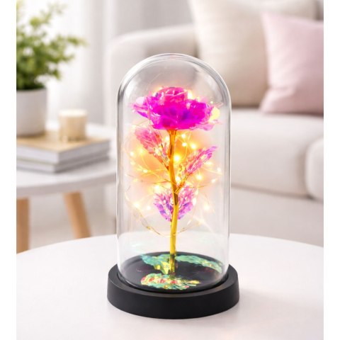 Wieczna Kryształowa Róża w Kopule z Oświetleniem LED Różowa 21x11cm LEAN
