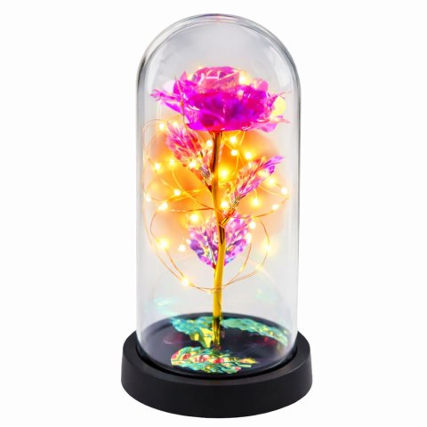 Wieczna Kryształowa Róża w Kopule z Oświetleniem LED Różowa 21x11cm LEAN