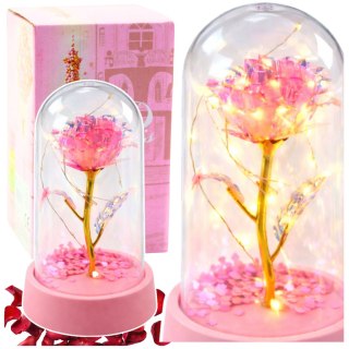 Wieczna Róża Kryształowa w Kopule z Oświetleniem LED Różowa 14x8cm