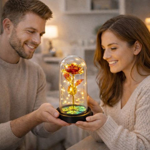 Wieczna Róża W Kopule Kryształowa Oświetlenie LED Czerwona 21x11cm LEAN