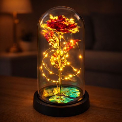 Wieczna Róża W Kopule Kryształowa Oświetlenie LED Czerwona 21x11cm LEAN