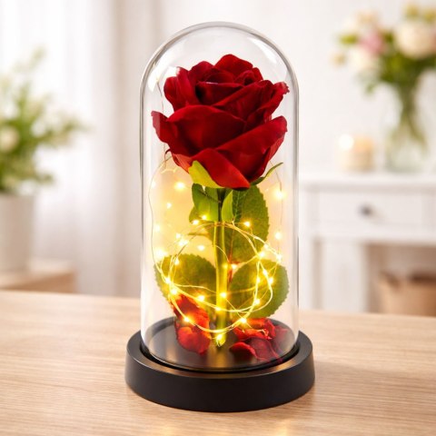 Wieczna Róża w Kopule z Oświetleniem LED Czerwona 21x11cm LEAN