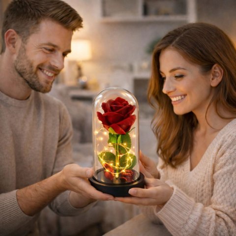 Wieczna Róża w Kopule z Oświetleniem LED Czerwona 21x11cm LEAN
