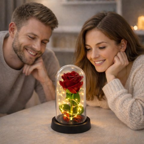 Wieczna Róża w Kopule z Oświetleniem LED Czerwona 21x11cm LEAN