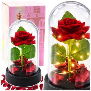Wieczna Róża w Kopule z Oświetleniem LED Czerwona z Płatkami Róż 14x8cm LEAN