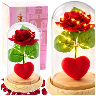 Wieczna Róża w Kopule z Oświetleniem LED Czerwona z Serduszkiem 14x8cm LEAN