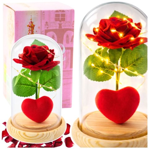 Wieczna Róża w Kopule z Oświetleniem LED Czerwona z Serduszkiem 14x8cm LEAN