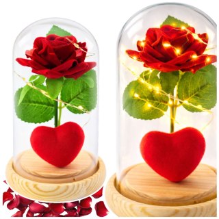 Wieczna Róża w Kopule z Oświetleniem LED Czerwona z Serduszkiem 14x8cm LEAN