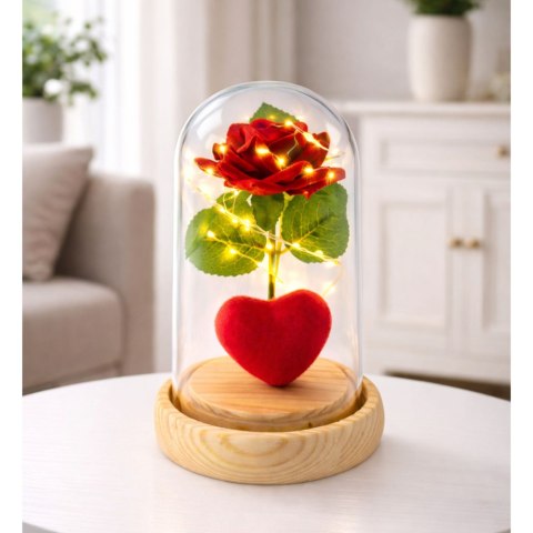 Wieczna Róża w Kopule z Oświetleniem LED Czerwona z Serduszkiem 14x8cm LEAN