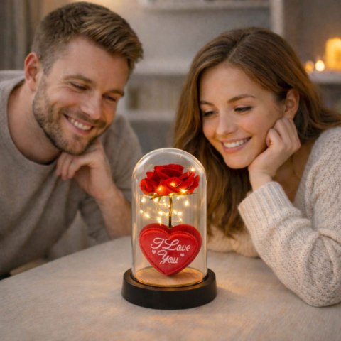 Wieczna Róża w Kopule z Oświetleniem LED Czerwona z Serduszkiem 18,5x8cm LEAN