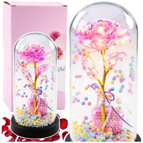 Wieczna Róża w Kopule z Oświetleniem LED Różowa z Serduszkiem i Kuleczkami LEAN