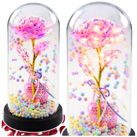 Wieczna Róża w Kopule z Oświetleniem LED Różowa z Serduszkiem i Kuleczkami LEAN