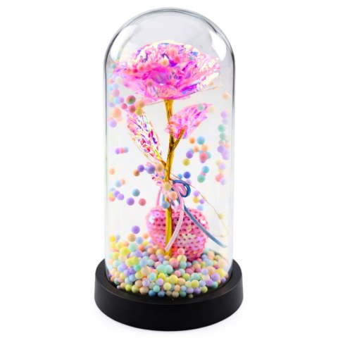 Wieczna Róża w Kopule z Oświetleniem LED Różowa z Serduszkiem i Kuleczkami LEAN