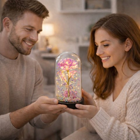 Wieczna Róża w Kopule z Oświetleniem LED Różowa z Serduszkiem i Kuleczkami LEAN