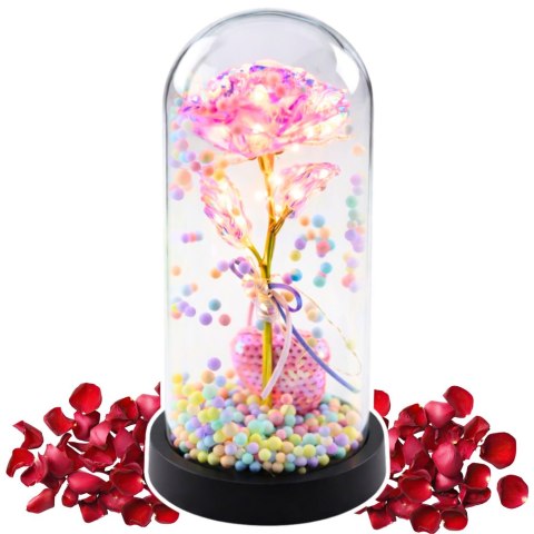 Wieczna Róża w Kopule z Oświetleniem LED Różowa z Serduszkiem i Kuleczkami LEAN