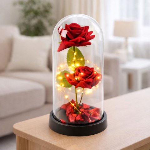 Wieczne 2 Róże w Kopule z Oświetleniem LED i Płatkami Róż Czerwone 21x11cm LEAN