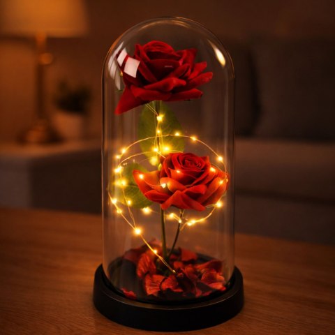 Wieczne 2 Róże w Kopule z Oświetleniem LED i Płatkami Róż Czerwone 21x11cm LEAN