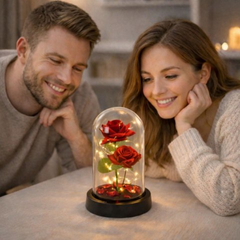 Wieczne 2 Róże w Kopule z Oświetleniem LED i Płatkami Róż Czerwone 21x11cm LEAN