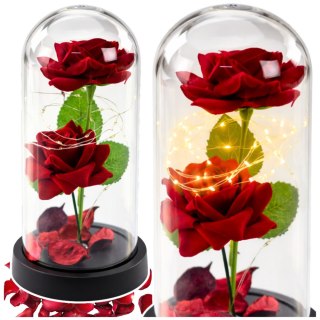 Wieczne 2 Róże w Kopule z Oświetleniem LED i Płatkami Róż Czerwone 21x11cm LEAN
