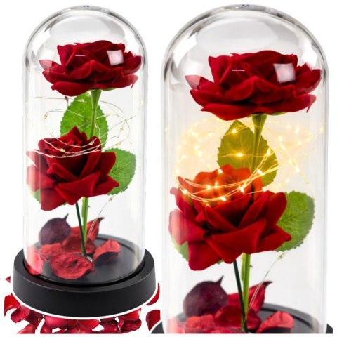 Wieczne 2 Róże w Kopule z Oświetleniem LED i Płatkami Róż Czerwone 21x11cm LEAN