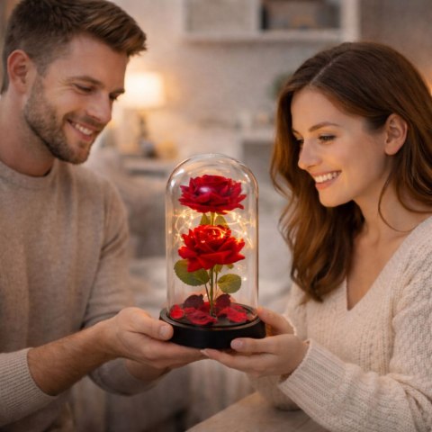 Wieczne 2 Róże w Kopule z Oświetleniem LED i Płatkami Róż Czerwone 21x11cm LEAN