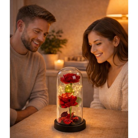 Wieczne 2 Róże w Kopule z Oświetleniem LED i Płatkami Róż Czerwone 21x11cm LEAN