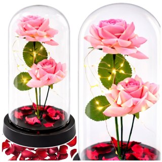 Wieczne Róże w Kopule z Oświetleniem LED i Płatkami Róż Różowe 21x11cm LEAN