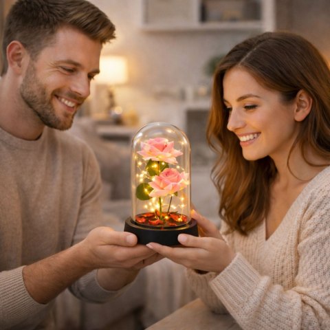 Wieczne Róże w Kopule z Oświetleniem LED i Płatkami Róż Różowe 21x11cm LEAN