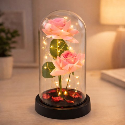 Wieczne Róże w Kopule z Oświetleniem LED i Płatkami Róż Różowe 21x11cm LEAN