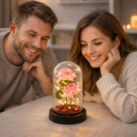 Wieczne Róże w Kopule z Oświetleniem LED i Płatkami Róż Różowe 21x11cm LEAN