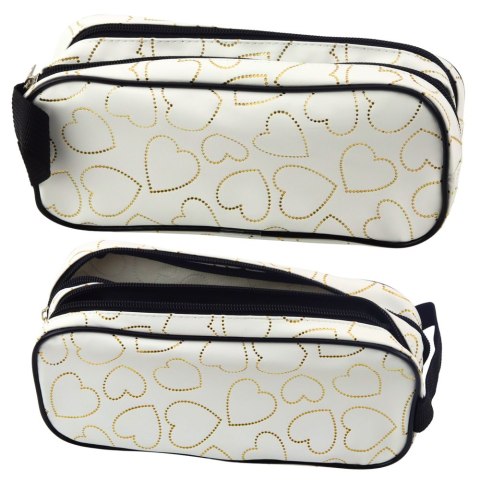 Piórnik Szkolny Biurowy Dwukomorowy Złote Serca Biały 23,5x10 cm LEAN