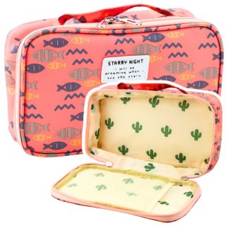 Piórnik Szkolny Organizer Kosmetyczka Dodatkowa Kieszonka Ryby Różowy 22,5cm LEAN