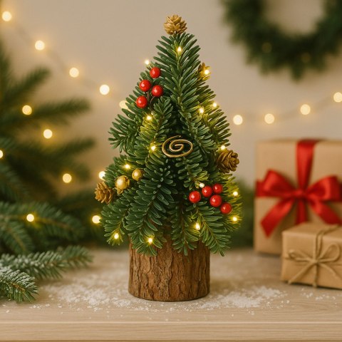 Choinka Ozdobna Dekoracyjna Na Pniu Czerwona Jarzębina Szyszki 38 x 15 cm LEAN