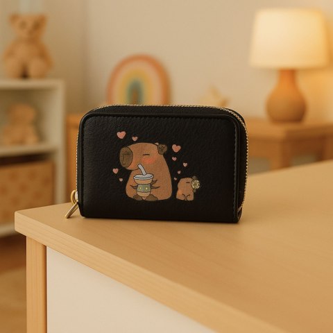 Portfel Dwukomorowy Przegrody na Karty Kapibara Czarny 12,5 x 8,5cm LEAN