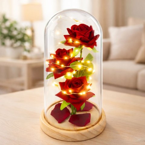 Wieczne Róże W Szklanej Kopule Oświetlenie LED Czerwone 21,5 x 11 cm LEAN